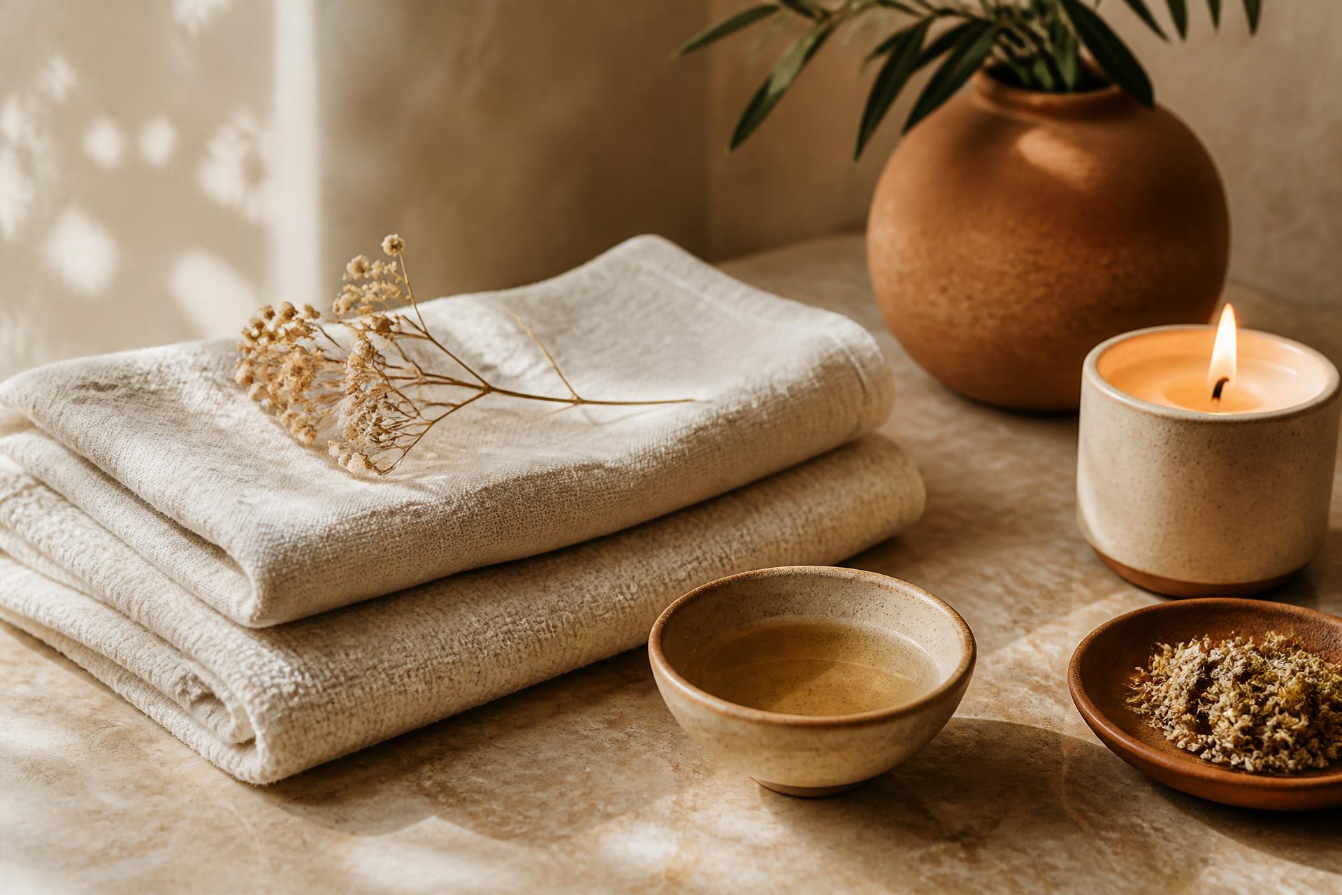 Ambiance de soin : linge de coton crème, bougie et bol d'huile sur une pierre chaude